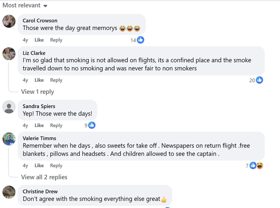 Audience comments swapping flight memories — sweets for take-off, children visiting the captain